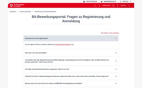BA-Bewerbungsportal: Fragen zu Registrierung und Anmeldung