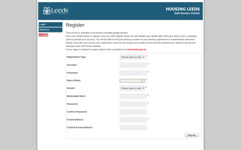 Housing Leeds Self Service Portal - Register