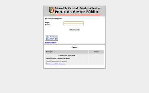 TCE-PB Portal do Gestor Público - Login