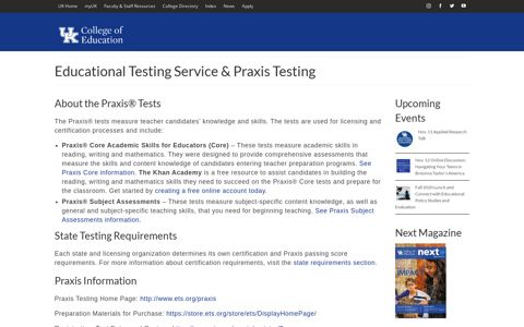 Educational Testing Service & Praxis Testing – UK College of ...