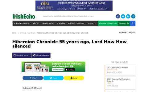 Hibernian Chronicle 55 years ago, Lord Haw Haw silenced ...