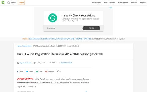KASU Course Registration Details for 2019/2020 Session ...