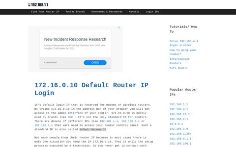 172.16.0.10 Default Router IP Login - 192.168.1.1