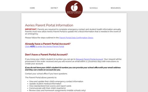 Aeries Parent Portal Information – Family Resources – East ...