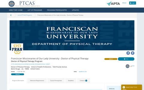 Franciscan Missionaries of Our Lady University ... - APTA