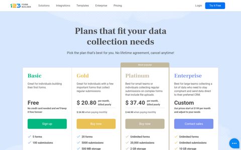 123 Form Builder Pricing - Service Plans - Try It For Free!