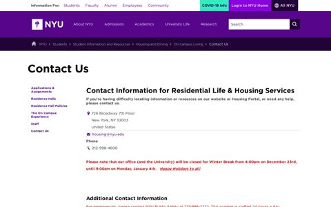 contact the Office of Residential Life and Housing ... - NYU