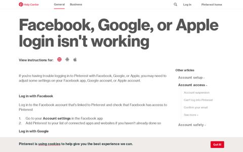 Facebook, Google, or Apple login isn't working | Pinterest help