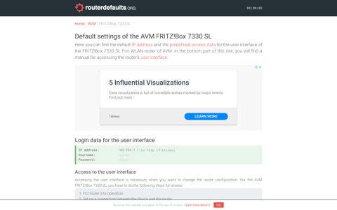 Default settings of the AVM FRITZ!Box 7330 SL