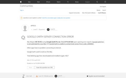 GOOGLE EARTH SERVER CONNECTION ERROR - Apple ...