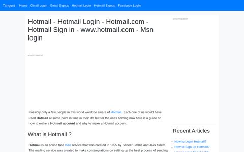 Hotmail.com Login - www.hotmail.com - Tangent