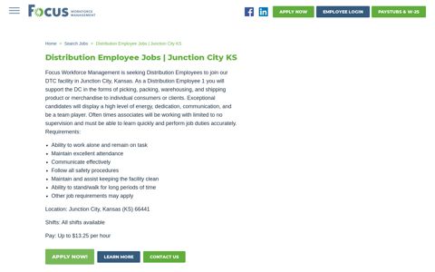 Distribution Employee Jobs | Junction City KS - Focus Jobs