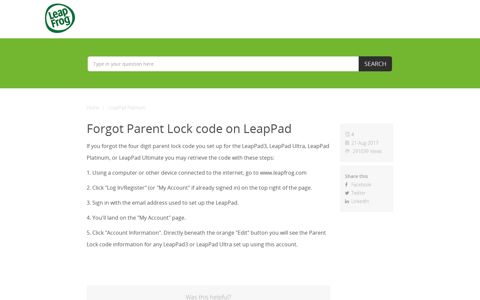 Forgot Parent Lock code on LeapPad - leapfrog