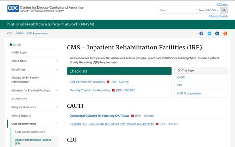 CMS - IRF Requirements | NHSN | CDC
