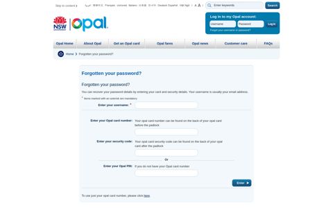 Forgotten your password? | NSW Government | Opal