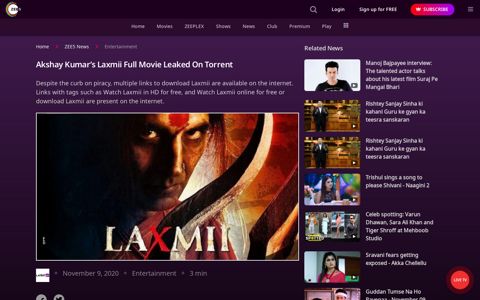 Akshay Kumar's Laxmii Full Movie Leaked On Torrent - ZEE5 ...