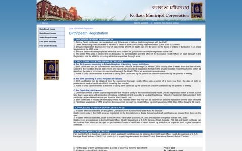 Birth/Death Registration - Kolkata Municipal Corporation