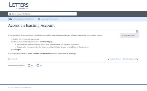 Access an Existing Account - Liaison