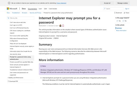 Internet Explorer may prompt you for a password - Microsoft ...
