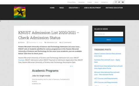 KNUST Admission List 2020/2021 - Check Admission Status ...