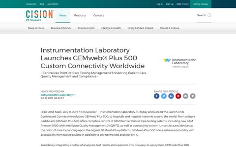 Instrumentation Laboratory Launches GEMweb® Plus 500 ...