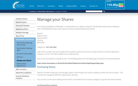 Corporate Site - Manage your Shares - Premier Foods