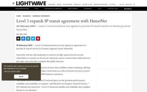 Level 3 expands IP transit agreement with HanseNet | Lightwave