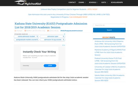 KASU Postgraduate Admission List 2019/2020 - MySchoolGist