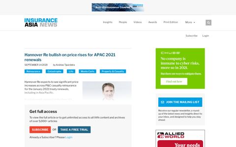 Hannover Re bullish on price rises for APAC 2021 renewals