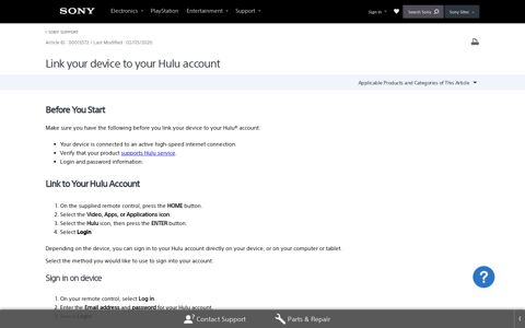 Link your device to your Hulu account | Sony USA