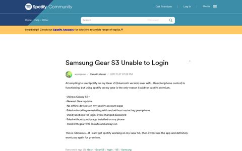 Samsung Gear S3 Unable to Login - The Spotify Community