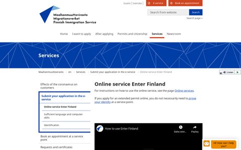 Online service Enter Finland - Maahanmuuttovirasto