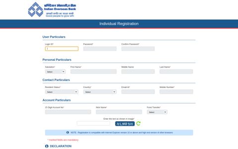 Individual Registration - IOB Net Banking