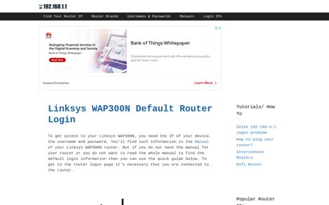 Linksys WAP300N - Default login IP, default ... - 192.168.1.1