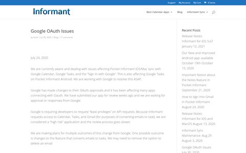 Google OAuth Issues | Pocket Informant
