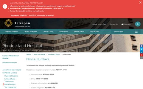 Phone Numbers | Lifespan Rhode Island Hospital