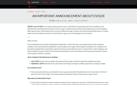 An important announcement about Evolve – 2K Support