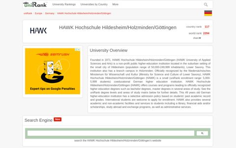 HAWK Hochschule Hildesheim/Holzminden/Göttingen - uniRank