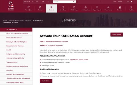 Activate Your KAHRAMAA Account - Hukoomi - Qatar E ...