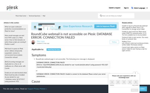 RoundCube webmail is not accessible on Plesk: DATABASE ...
