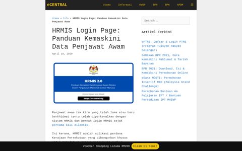 HRMIS Login Page: Panduan Kemaskini Data Penjawat Awam