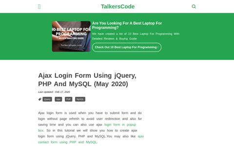 Ajax Login Form Using jQuery, PHP And MySQL (May 2020)