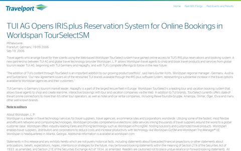 TUI AG Opens IRIS.plus Reservation System for Online ...
