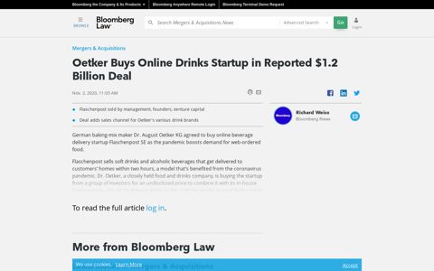 Oetker Buys Online Drinks Startup in Reported $1.2 Billion Deal