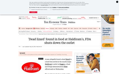 'Dead lizard' found in food at Haldiram's, FDA shuts down the ...