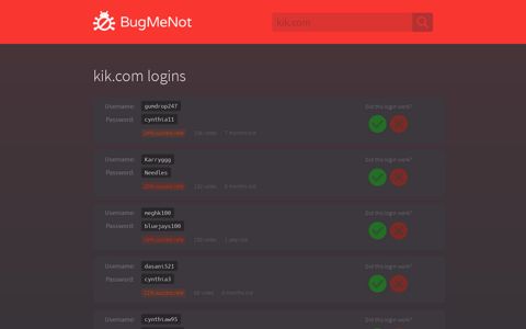 kik.com logins - BugMeNot