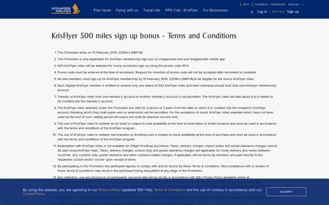 KrisFlyer 500 miles sign up bonus - Terms and Conditions