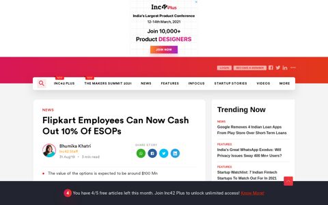 Flipkart Employees Can Now Cash Out 10% Of ESOPs - Inc42