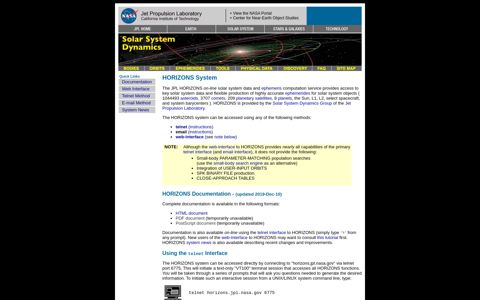 HORIZONS System - JPL Solar System Dynamics - NASA