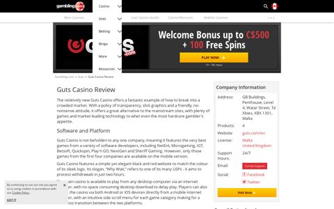 Guts Casino Bonus + Free Spins for Canada - Gambling.com